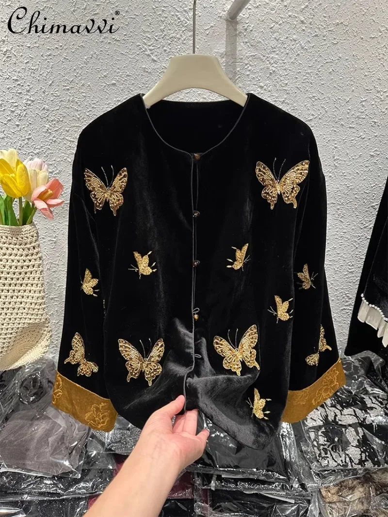 European Autumn New Heavy Industry Butterfly Embroidery Golden Velvet Retro Temperament Versatile and Thin Top Coat For Women