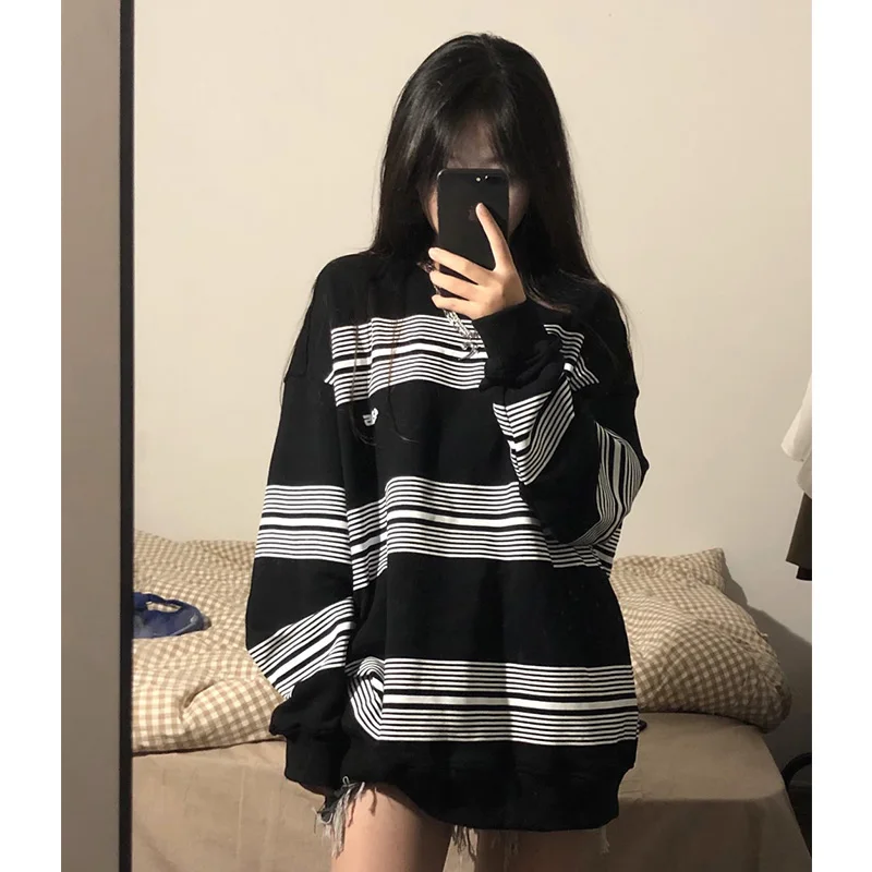 autumn Hoodies Stripe thin Sweatshirt Streetwear Women Harajuku Oversized Pullovers Korean Fashion cotton Long Sleeve black Tops