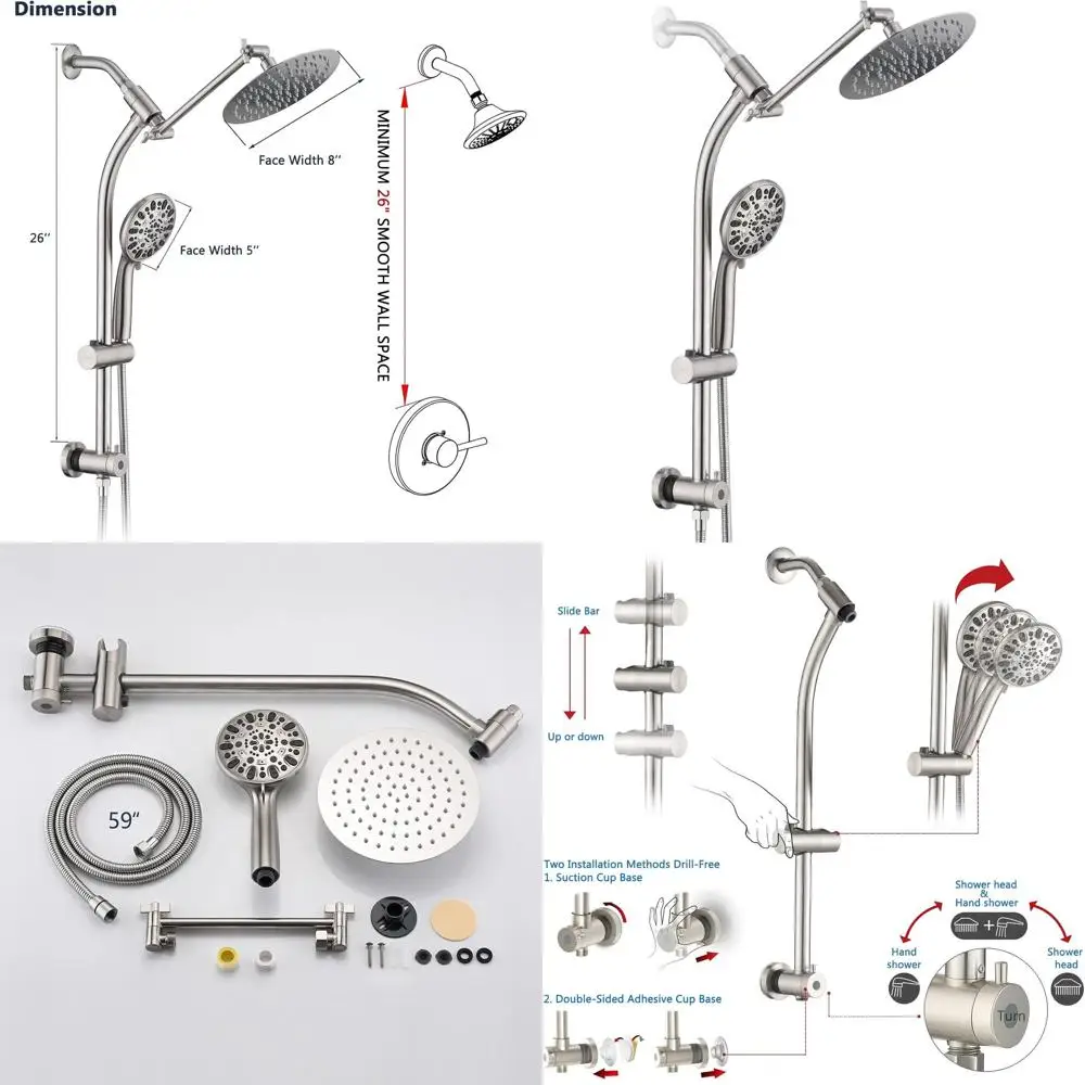 

Комбинированный душевой комплект диаметром 8 дюймов с ручной лейкой высокого давления, выдвижной штангой, регулируемым кронштейном, 3-позиционным переключателем, 5-футовым шлангом - матовый никель