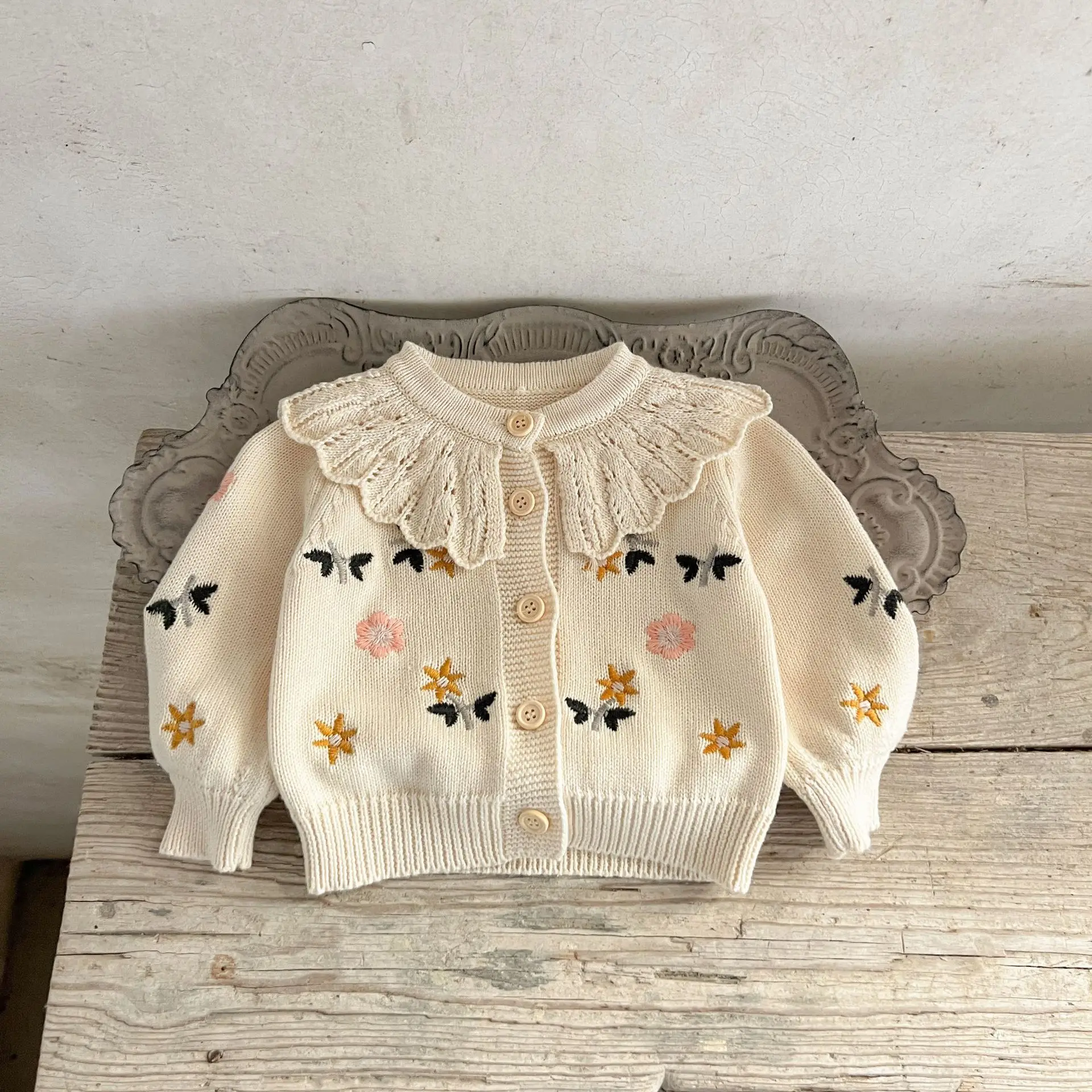 Autumn Little Girl Cardigans Floral Embroidery Infant Baby Girl Knitwear Lace Ruffle Collar Long Sleeve Cotton Kid Girl Sweaters