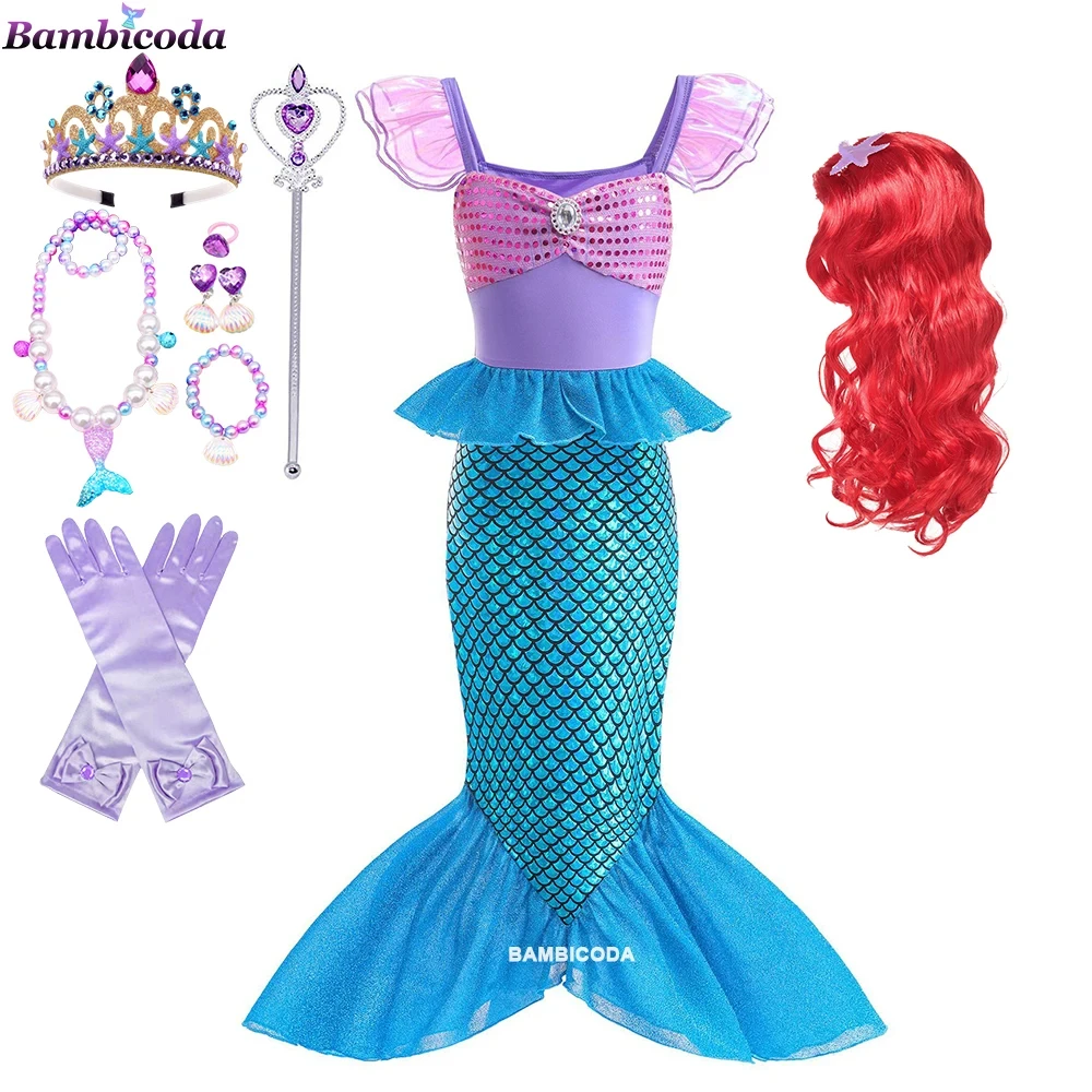 2024 New Movies Girls Ariel Princess Dress Little Mermaid Cosplay Kids  Costume Party Carnival Children Halloween Clothes 2Pcs