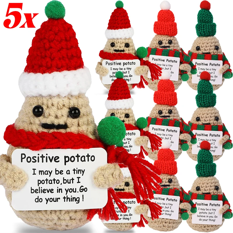 Emotional Support Christmas Positive Potato Doll with Santa Hat Crochet Knitting Stuffed Animals Doll Toys Xmas Party Home Decor