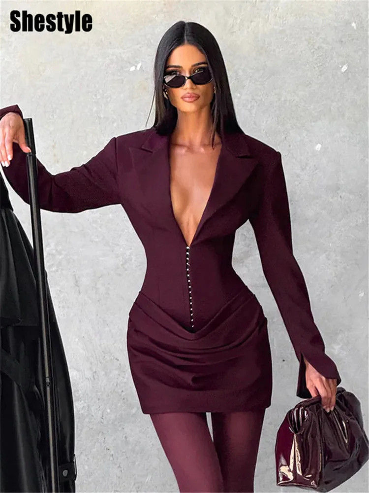 Shestyle Claret-vestido elegante para mujer, vestido de oficina con escote en V profundo, corte en A, manga larga, cuello tipo Polo, hombreras fruncidas 2026