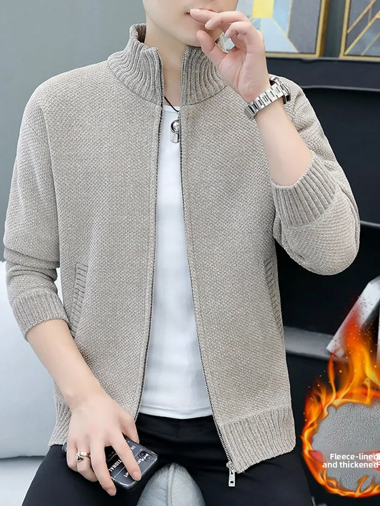 

Зимний утепленный вязаный свитер на молнии с высоким воротником, мужская куртка с флисовой подкладкой, однотонное трикотажное пальто