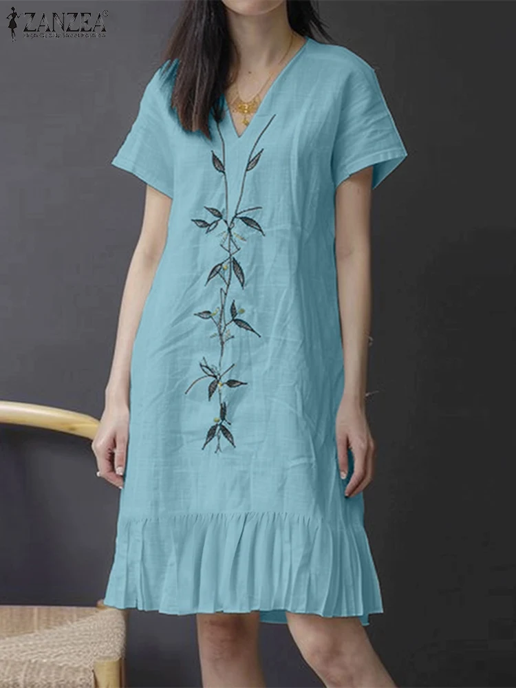 

ZANZEA Women 2024 H-line Robe Korean Embroidery Mini Dress Fashion Summer Flare Pleating Vestidos Casual Loose V-neck Dresses