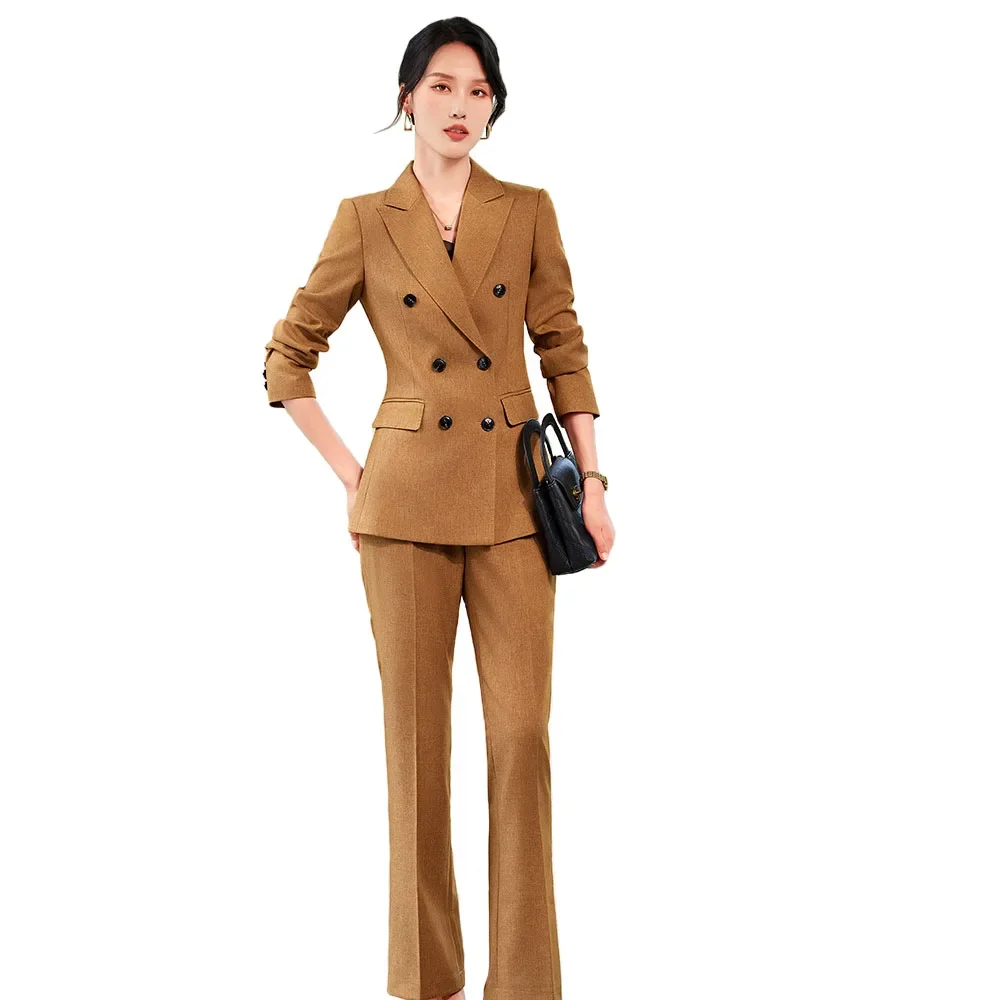 Pop High Quality Women Khaki Green Pant Suit Female Button Decoration Blazer And Trouser 2 Piece Set For Office Ladies Work Wear