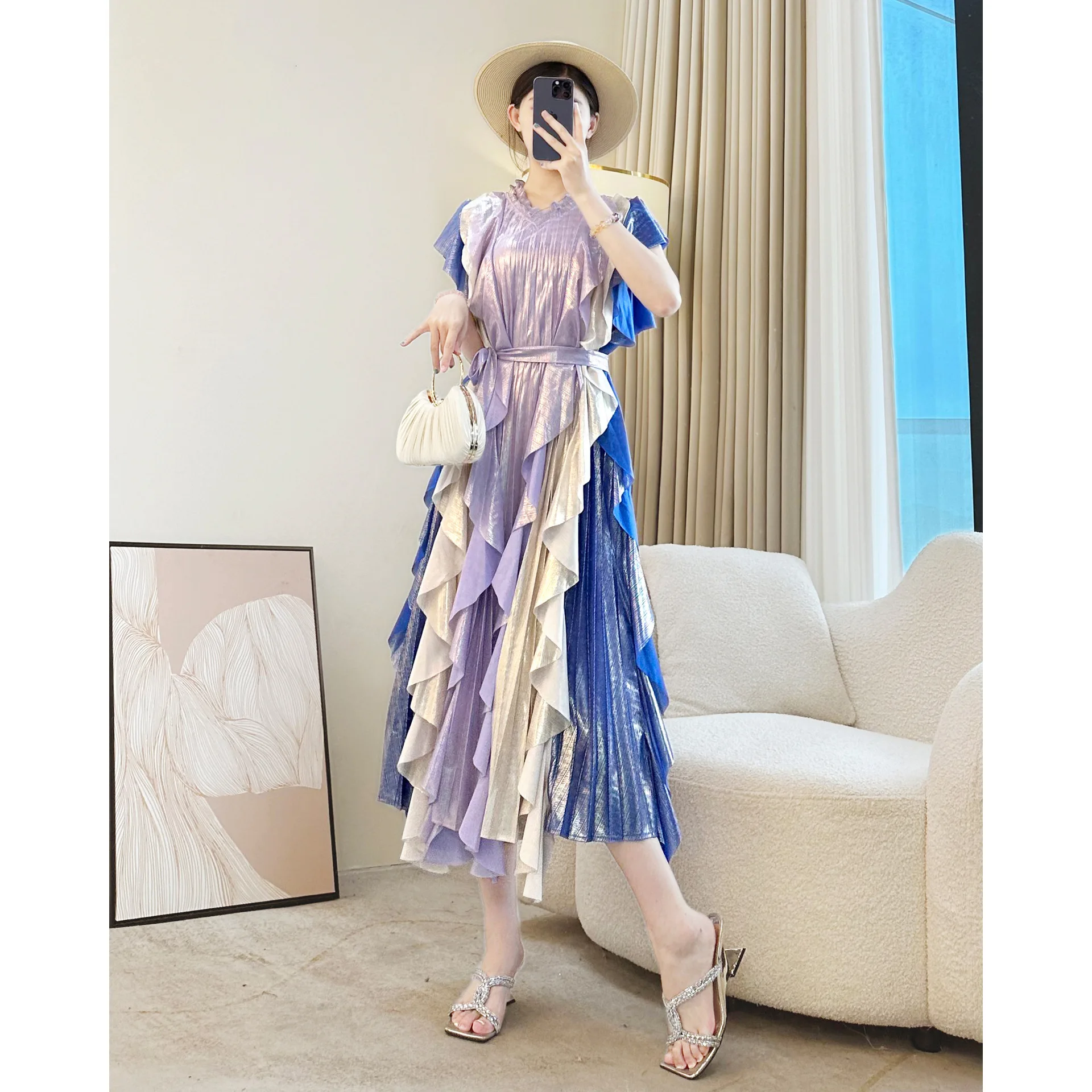 

Miyake Pleated Dress for Women 2025 Summer Loose High-end Ruffle Spliced ​​V-neck Sleeveless Tug Elegant Midi Skirt