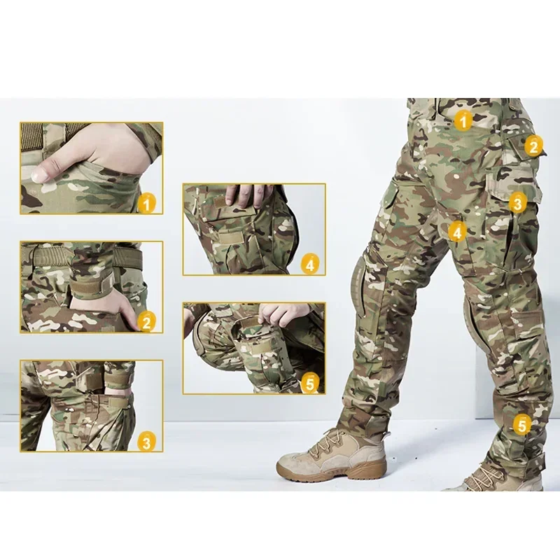 Outdoor Tactical Suits Men Clothing Wear-resistant Hunting Uniform Combat Shirt + Multi-pocket Cargo Pant with Pads Waterproof