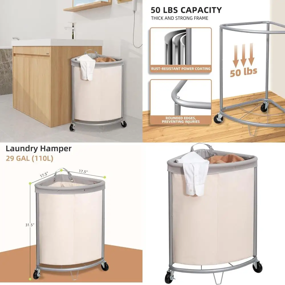

Industrial-Grade 110L Rolling Laundry Hamper with Steel Frame and Detachable Bag, Beige