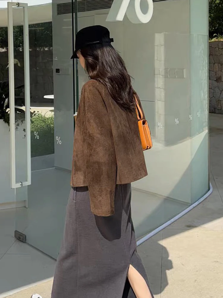 แจ็คเก็ตหนังคุณภาพสไตล์เรโทรสำหรับผู้หญิง คอทรงโอ แจ็คเก็ตหนังกลับเด็กผู้หญิง ทรงเข้ารูป ใช้ได้หลากหลาย แจ็คเก็ตสตรีทแวร์