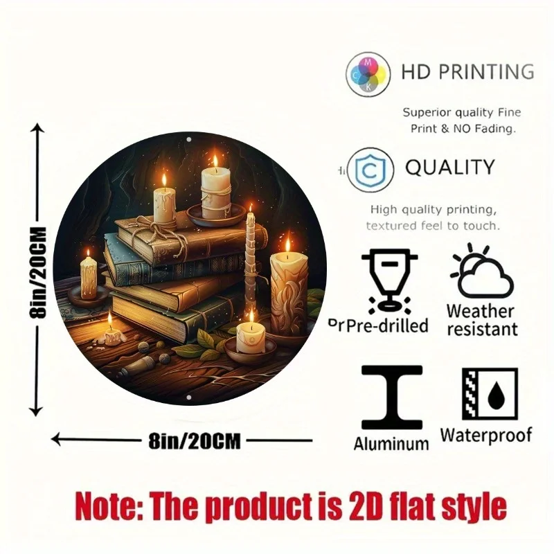 2D Flat Retro Round Aluminum Wall Art Sign, 8x8 Inch, Candle and Book Graphic, No Electricity Needed, Easy to Hang, for Home Bar