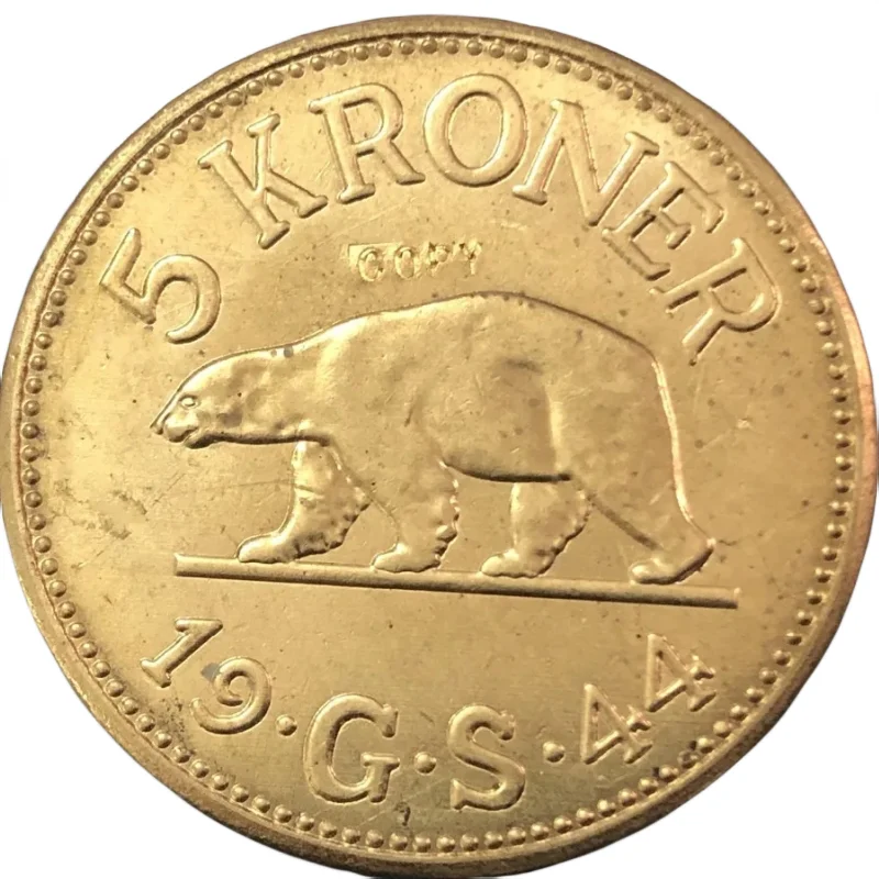 1944 Greenland (Denmark) 5 Kroner-Christian X Brass Copy Coin 31mm