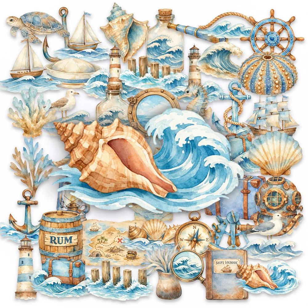 

10/30/50pcs Transparent Retro Nautical Graffiti Stickers Cartoon Marine Animals Lighthouse Decals DIY Suitcase Phone PET Sticker