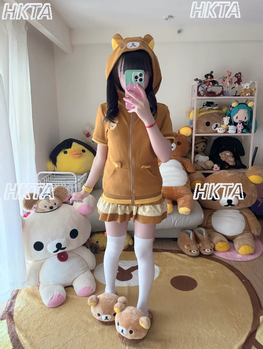 Japanese Cute Cartoon Embroidered Kangaroo Pocket Waist Hooded Jacket Top Female Polka Dot Cake A Line Skirts Sweet Sets Women