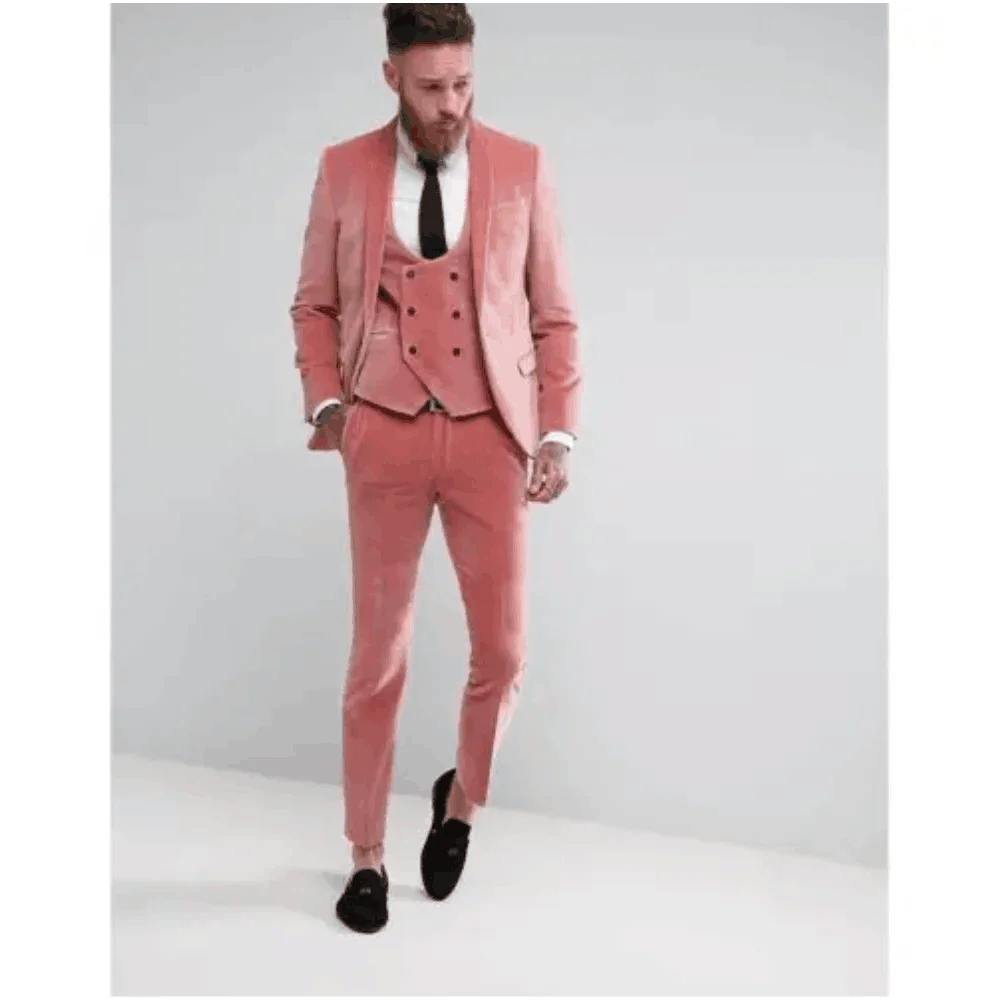 Fashion Pink Velvet Men Suit Formal Business Blazer Party Wedding Groom  Slim Fit  3 Pieces Set Jacket Pants Vest Costume Homme