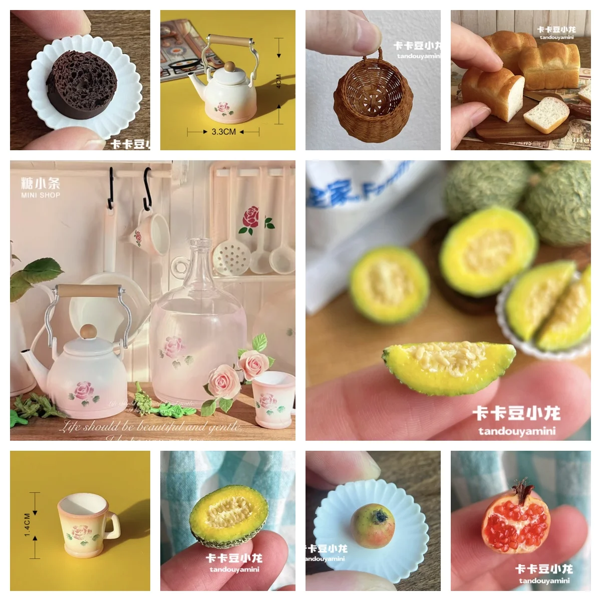 

Handmade Miniature Dollhouse Decor Set - Clay Bread/Pomegranate/Honeydew/Ice Cubes Food Toy Mini Models for Dollhouse Decoration