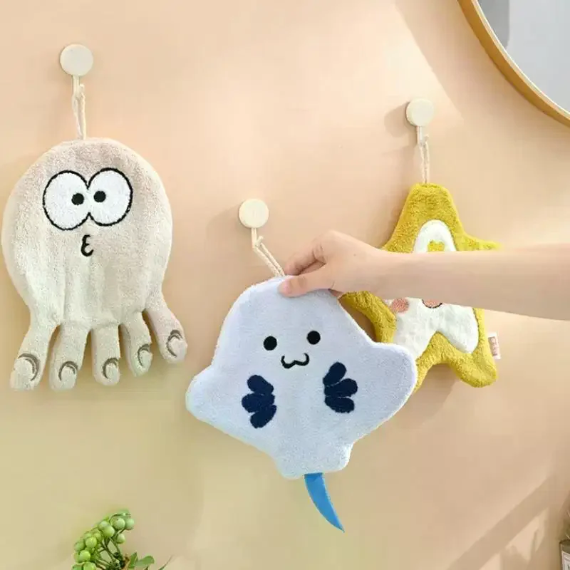 1Pc Cartoon Marine Organism Hand Towel Quick Drying Kitchen Towel Cleaning Rag Coral Velvet Absorbent Hanging Towel Bathroom