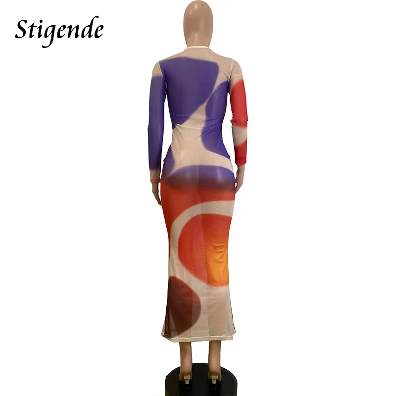 Stigende Sexy Skinny Transparent Mesh Dress Women Patchwork Print See Through Dress Night Party Wear