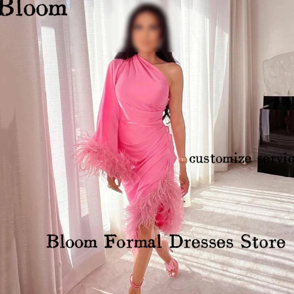 Bloom-vestidos de fiesta de plumas personalizados, manga larga hasta la rodilla, abertura lateral, vestidos de noche de lujo, vestido Formal de fiesta de boda