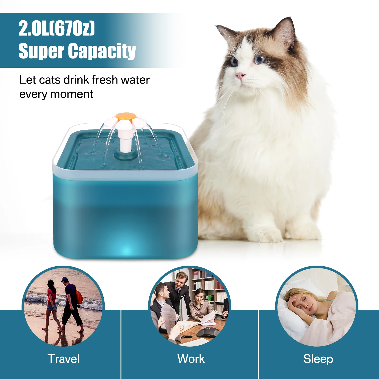 67oz/2L Ultra Silent Pet Fountain with LED Lighting&Activated Carbon Auto Filter Water Dispenser Mute Drinker for Cats Small Dog