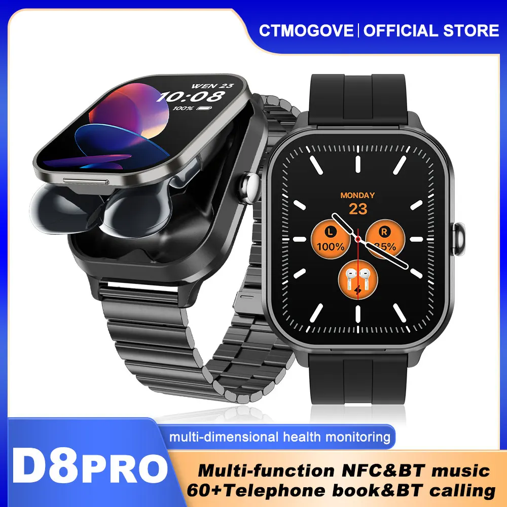 

New D8 PRO NFC Smart Watch Men Women 2-in-1 Wireless Bluetooth Headphone Connection Mobile Fitness Sports Smart Watch