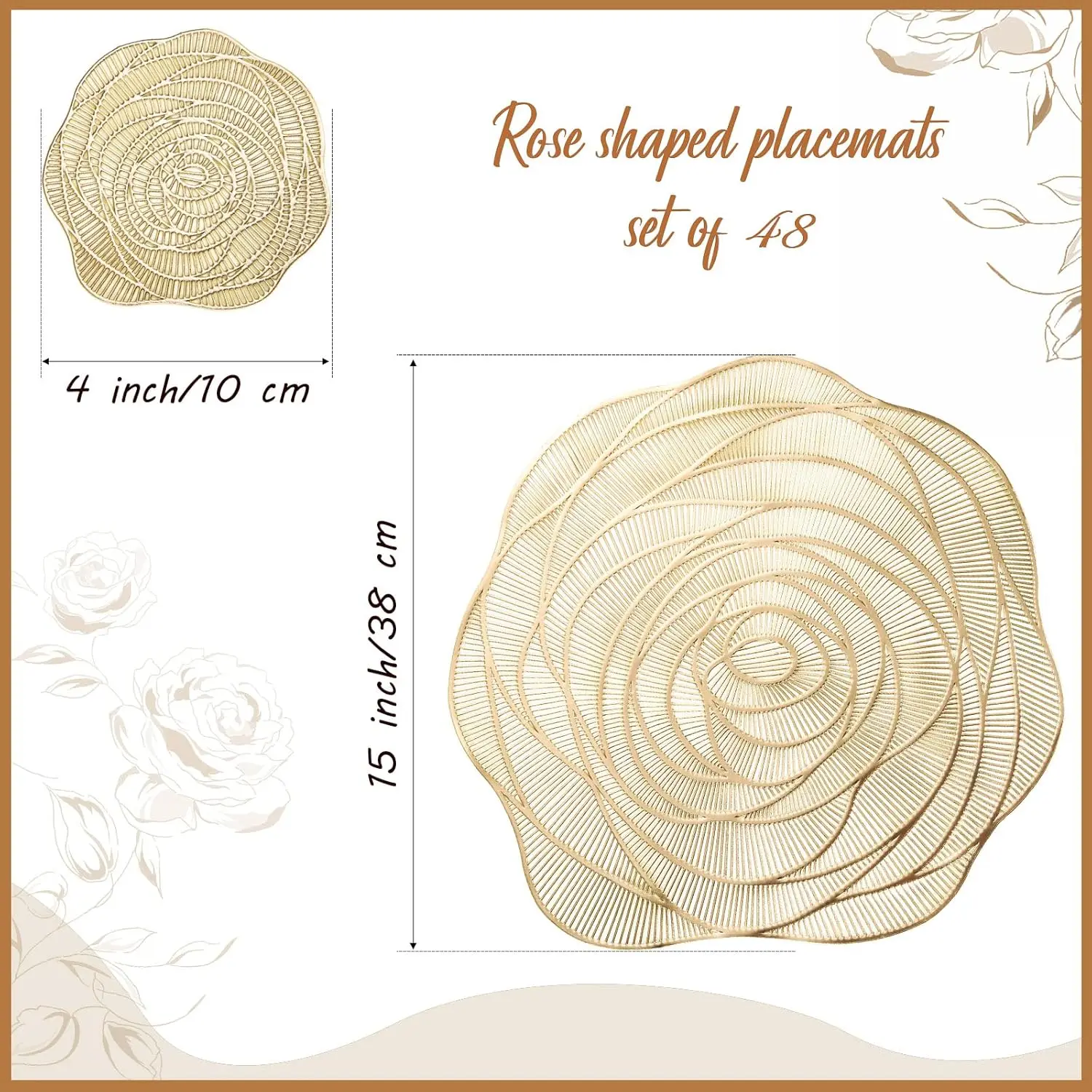 48 Set 15 Inch Round Pressed Vinyl Placemats Rose Placemat Set Metallic Place Mat Coaster Set Including Placemats (Gold)