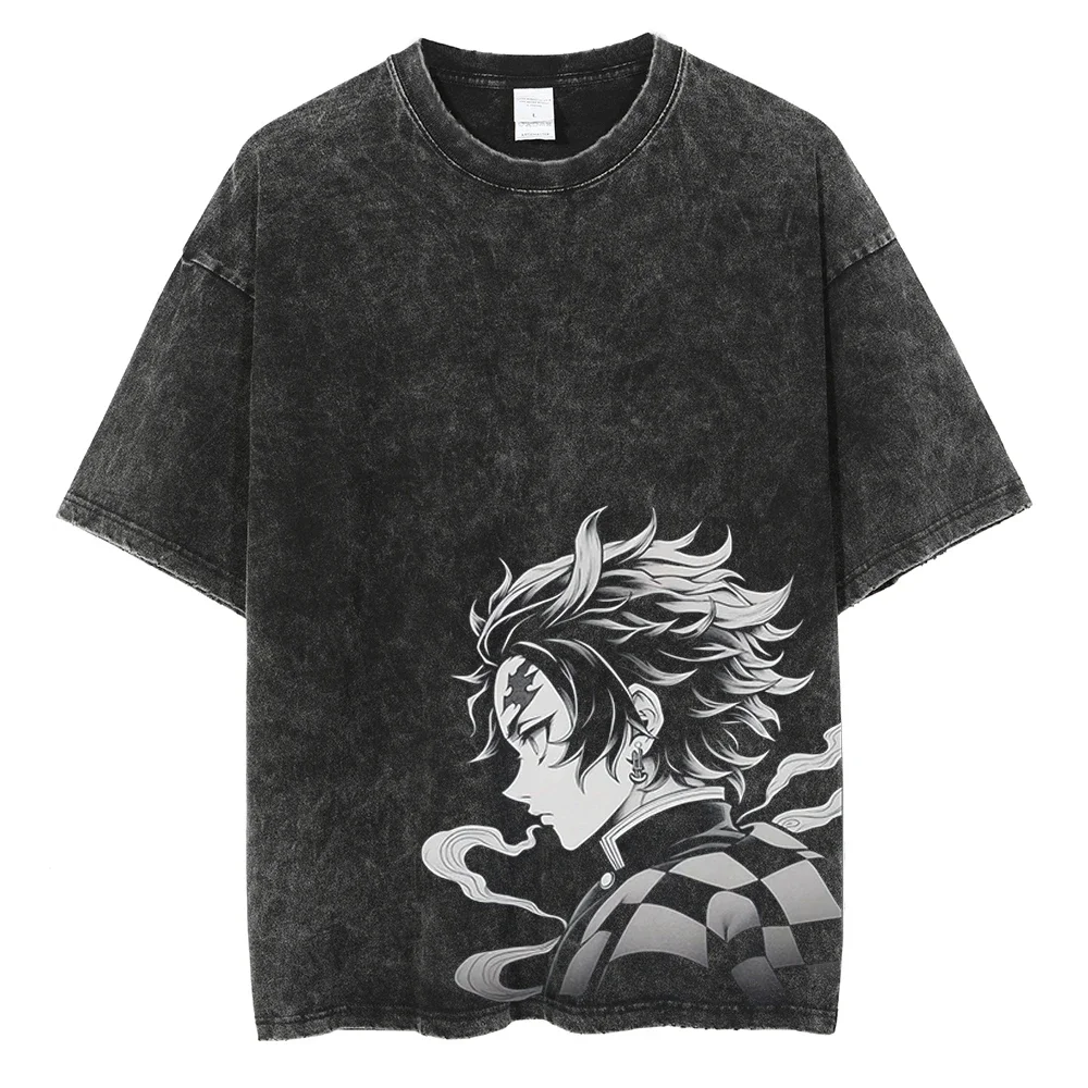 YG Anime Demon Slayer Kamado Tanjirou Graphic Print T Shirt Men Manga Tshirts Washed Cotton T-shirt Harajuku Male Vintage Tee