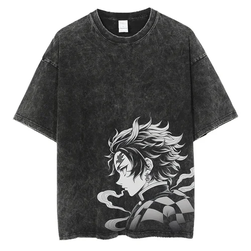 YG Anime Demon Slayer Kamado Tanjirou Camiseta con estampado gráfico hombres Manga camisetas Camiseta de algodón lavada Harajuku camiseta Vintage masculina