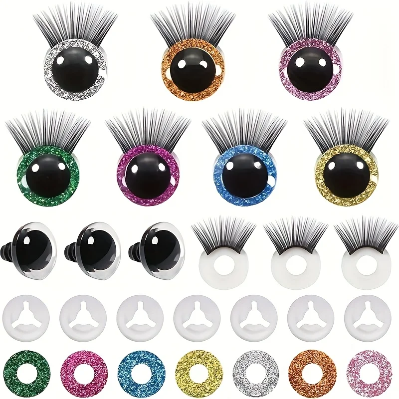 12 pcs Colorful 3D flashing safety eyes, eyelash doll, eyelash style eyes, animal eyelash eyes, DIY eye accessories by hand