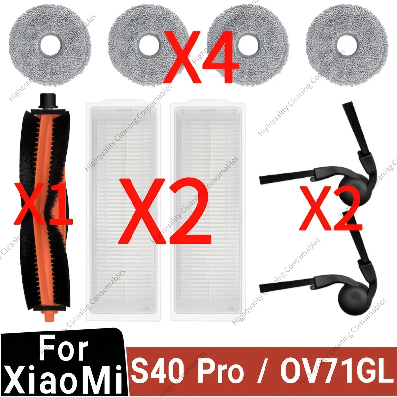 9-Piece Set for Xiaomi S40 Pro/OV71GL Cleaning Robot Replacement Parts 1 Main Brush, 4 Mops, 2 HEPA Filters, and 2 Edge Brushes.