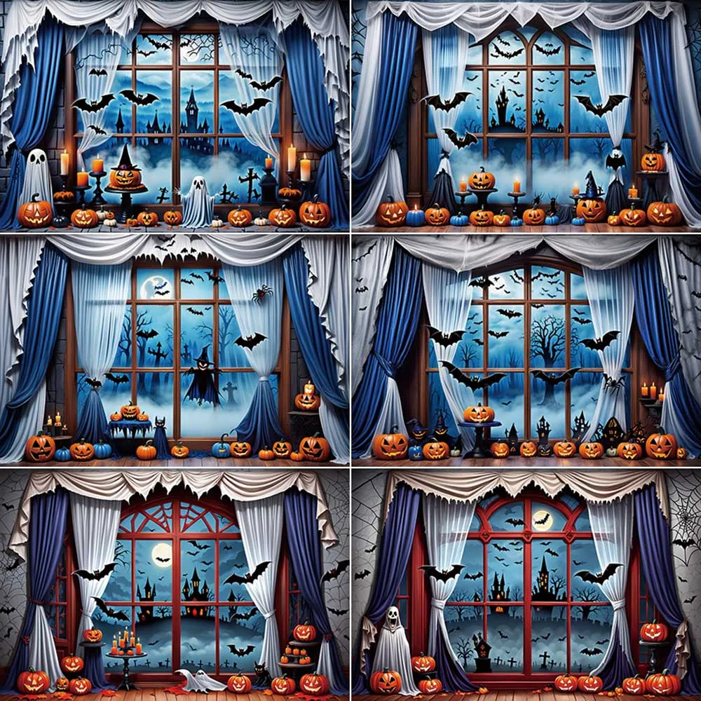 

MOON.QG Halloween Window Scenery Photography Backdrops Pumpkins Lanter Castle Photozone Backgrounds Studio Photobooth Props