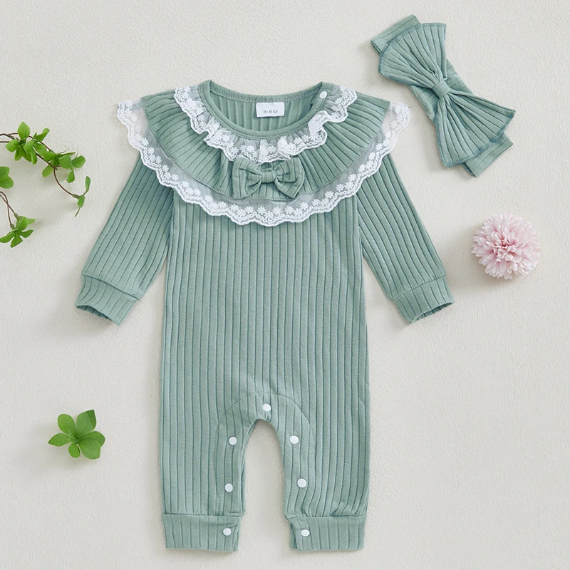 Newborn Infant Baby Girl Fall Lovely Outfit Ruffle Lace Trim Long Sleeve Full Length Ribbed Romper Bow Headband 2 Piece Set