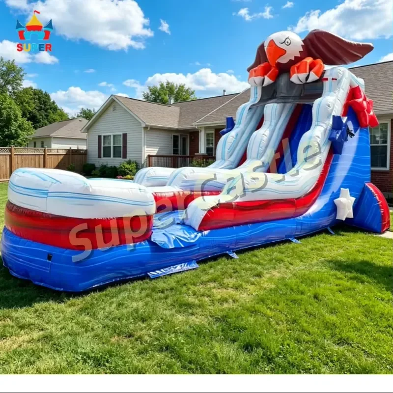Customizable Size Commercial Grade PVC Kids Patriotic Eagle Water Slide Inflatable With Pool Bouncy Castle Water Jump House