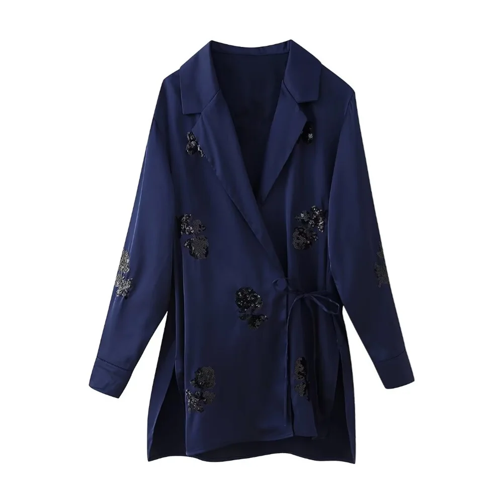 Taop&Za 2024 Summer New Product Women\'s Fashion Casual Polo Collar Long sleeved Sequin Satin Kimono Coat Bead Pants Set