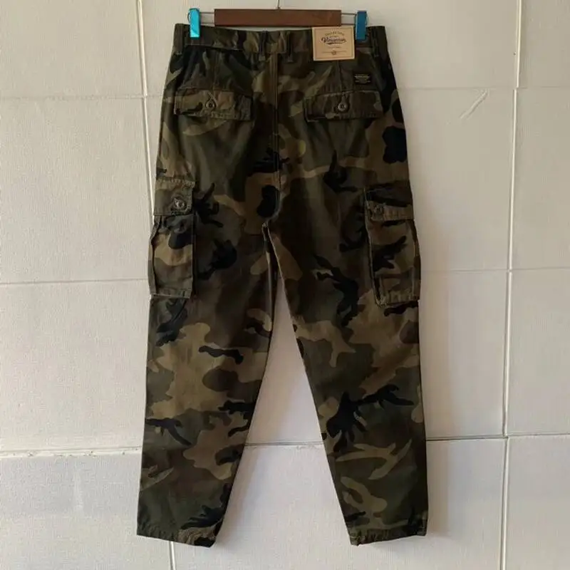 Men Camo Cargo Pants Slim Straight Streetwear Vintage Workwear Fashion Casual Bottoms Multi Pocket Trousers VS47