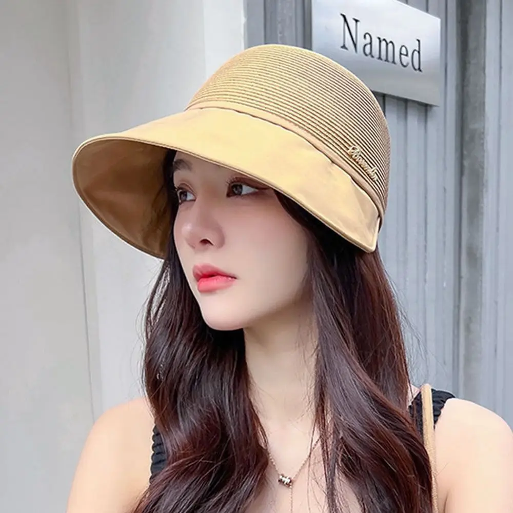 Summer Women Bucket Hat UV Protection Sun Hats Soft Foldable Wide Brim Outdoor Beach Hat Panama Cap Ponytail Cap