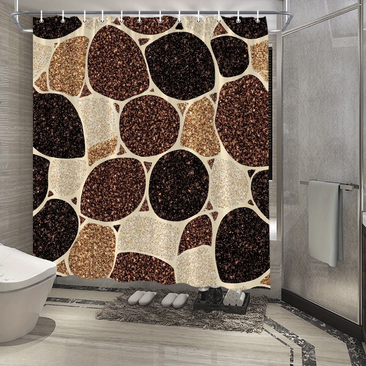 One Piece of a Shower Curtain Featuring a Mosaic Glittery Design in Brown, Beige, And Golden with an Abstract Geometric Pattern