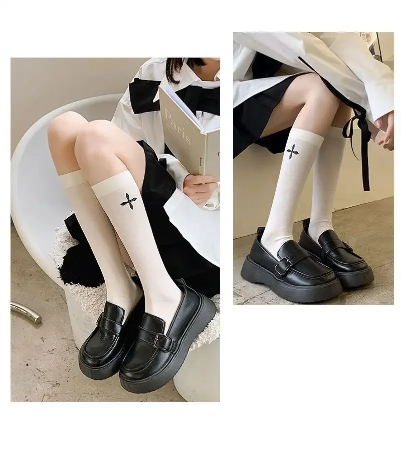 Cross pure desire calf socks summer thin bow female black and white solid color day thin thin leg 2 pairs