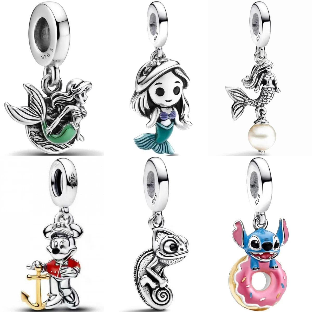 925 Sterling Silver Cartoon Animal Charms Donut Mermaid Pearl Mickey Fit Original DIY Accessories For Women