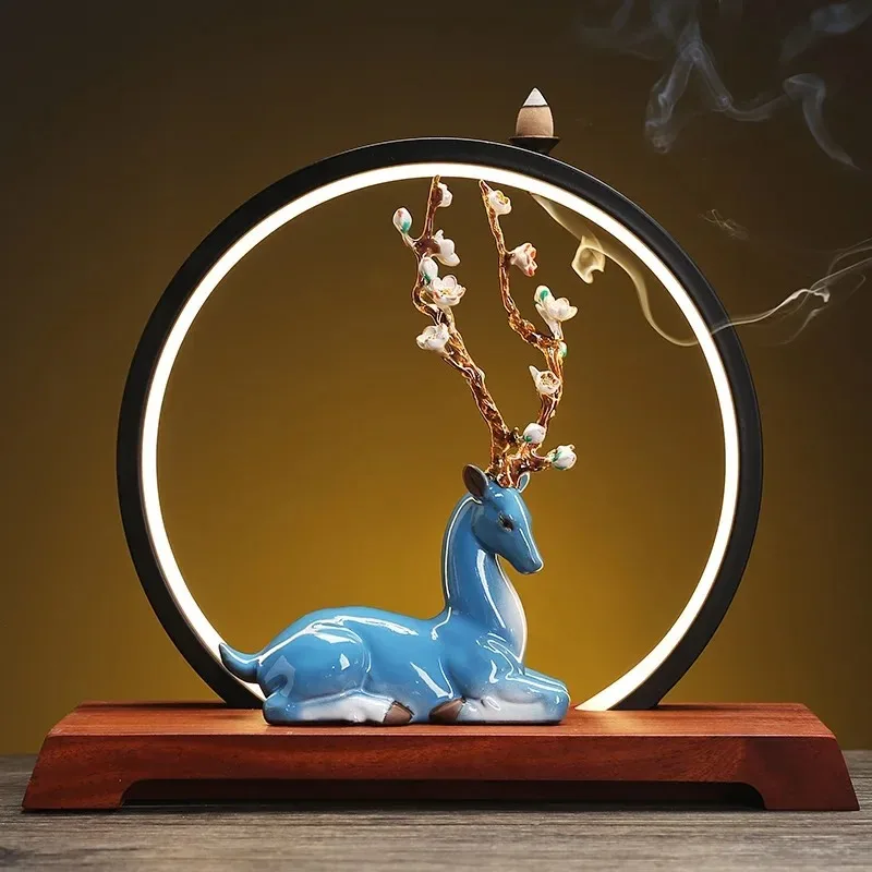 

Ceramic Sika Deer Circular LED Crafts Upstream Incense Burner Lucky Feng Shui Home Decoration