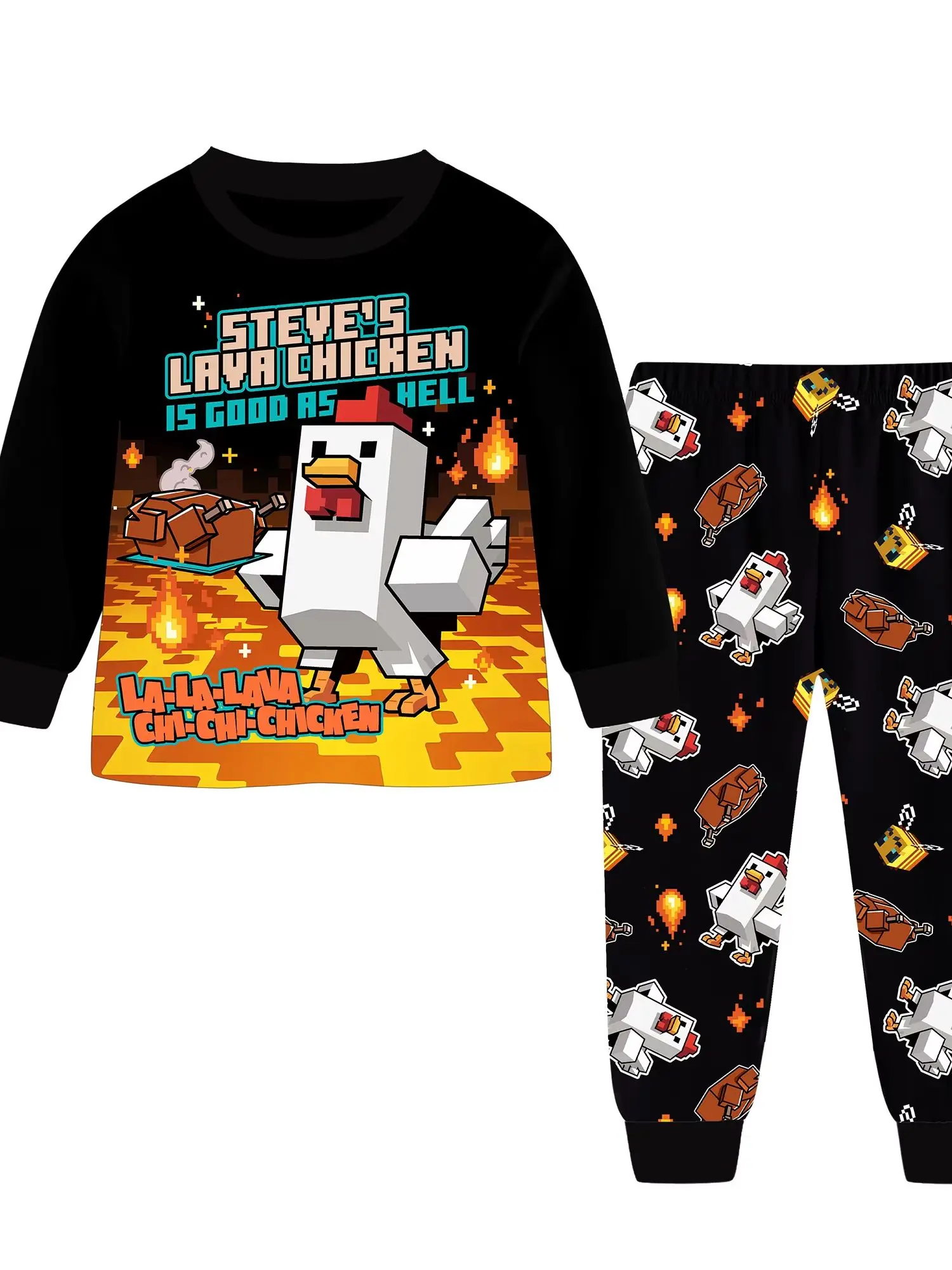 Steve's Lava Chicken Jockey Jungen-Pyjama-Set, Langarm-Schlafanzug, Cartoon-Baumwollkleidung, Nachtwäsche für Kinder im Alter von 6-13 Jahren – Detail 4
