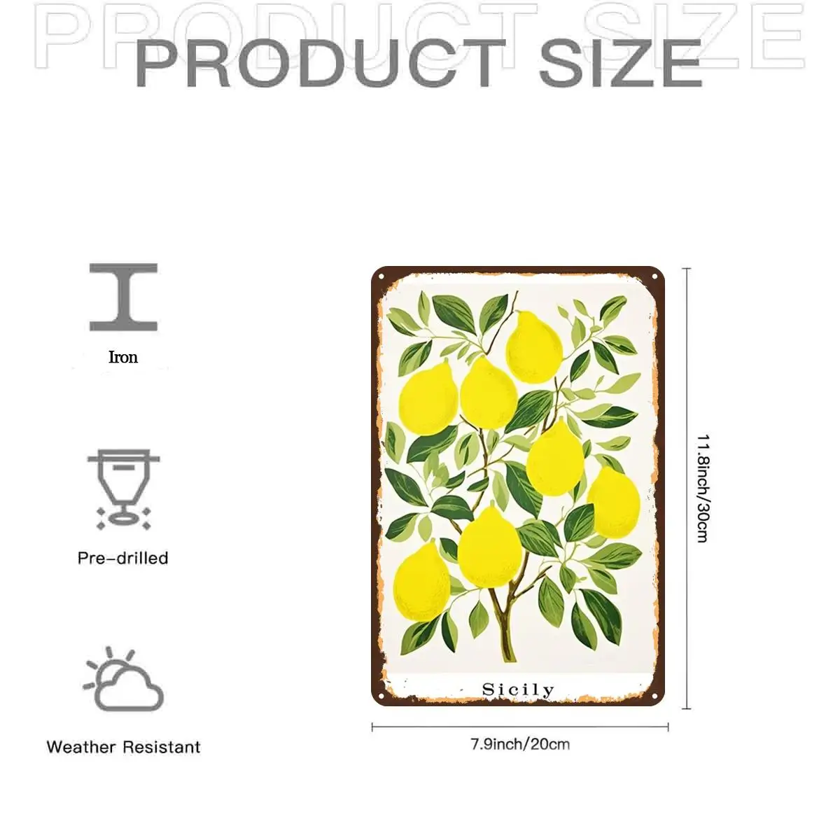 Sicily Lemon Tree Art Print Metal Iron aluminum Sign, Pre-Drilled Holes, Suitable for Indoor, Garden, Outdoor, Home, Office