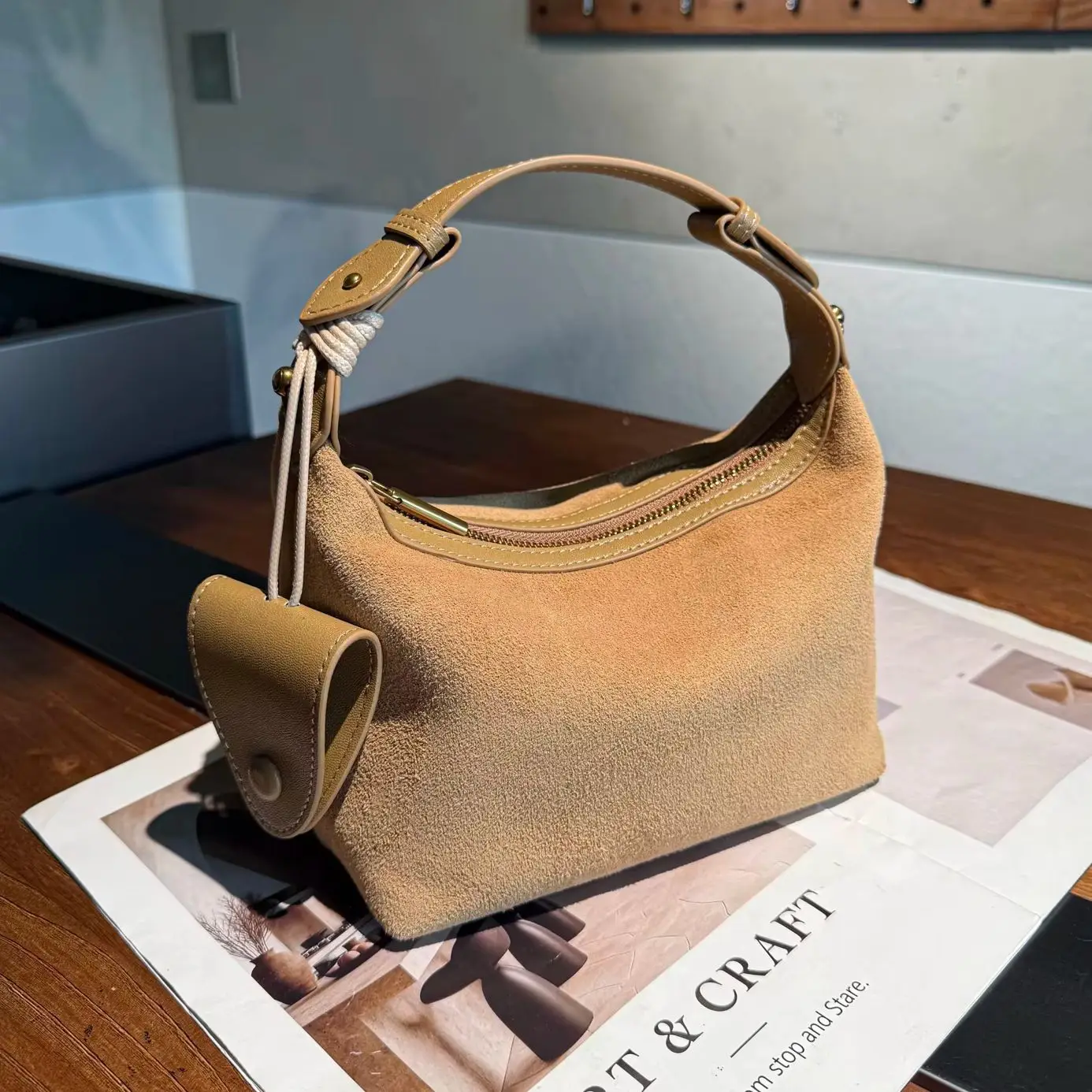 Women's Vintage Genuine Suede Leather Hobo Underarm Bag Mini Coin Purse Adjustable Strap Casual Daily Crossbody Shoulder Handbag