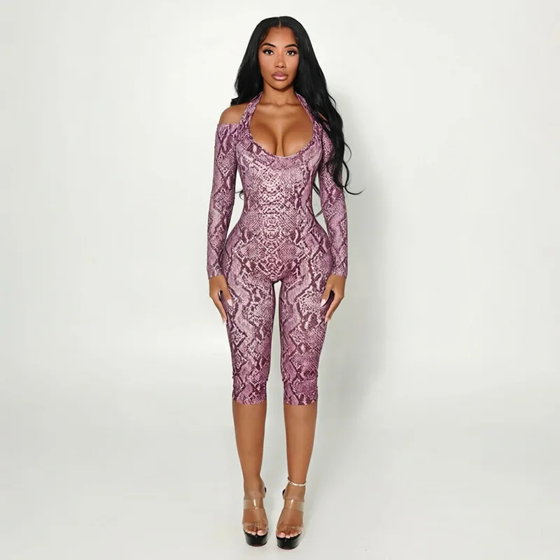 Sexy Halter Snake Print Jumpsuits 2026 Winter Autumn Clothes Women One Piece Elegant Luxury Bodycon Hollow Out Jumpsuit