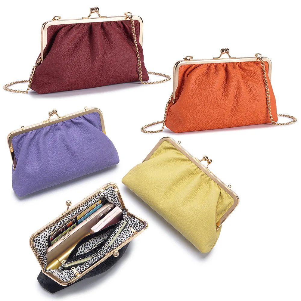 Genuine Leather Evening Bag Chain Shoulder Crossbody Phone Bags Soft Leathe   Clutch Clip Wallet Cowhide Coin Purse Card Holder