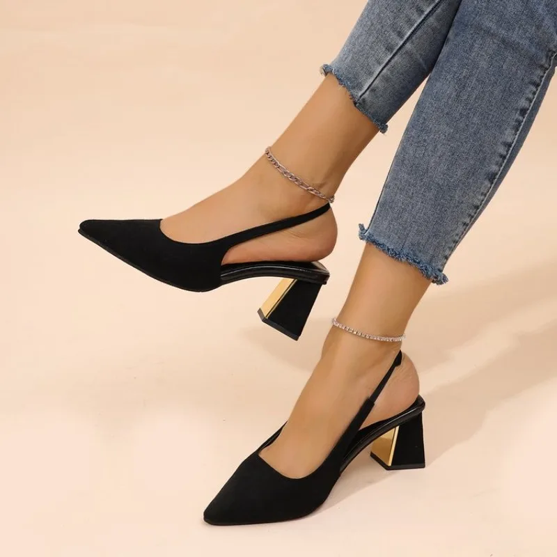 Zapatos de Tacón para Mujer, con Punta en Pico y Tacón Cuadrado, Zapatos de Vestir de Gamuza Negra, Calzado para Oficina, Trabajo y Fiestas, Tallas Grandes