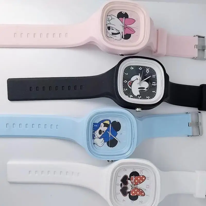 Kawaii Disney Mickey Mouse Cartoon Watch Square High-Quality Skin Feel Silicone Watch Adjustable Watch Ladies Watch Clock Wrist