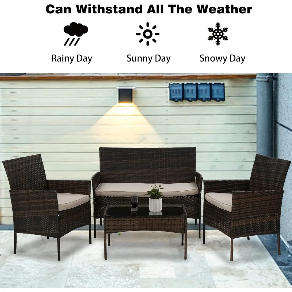 4 Pieces Patio Furniture Set Rattan Outside Furniture Wicker Sofa Garden Conversation Sets with Soft Cushion and Glass Table for image 6