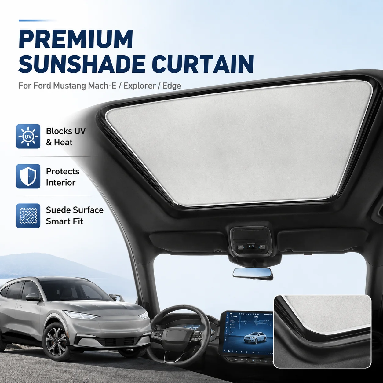Suede Static Cling Sunshade Curtain UV Heat Insulation For Ford Mustang Mach-E Explorer Edge Car Interior Accessory