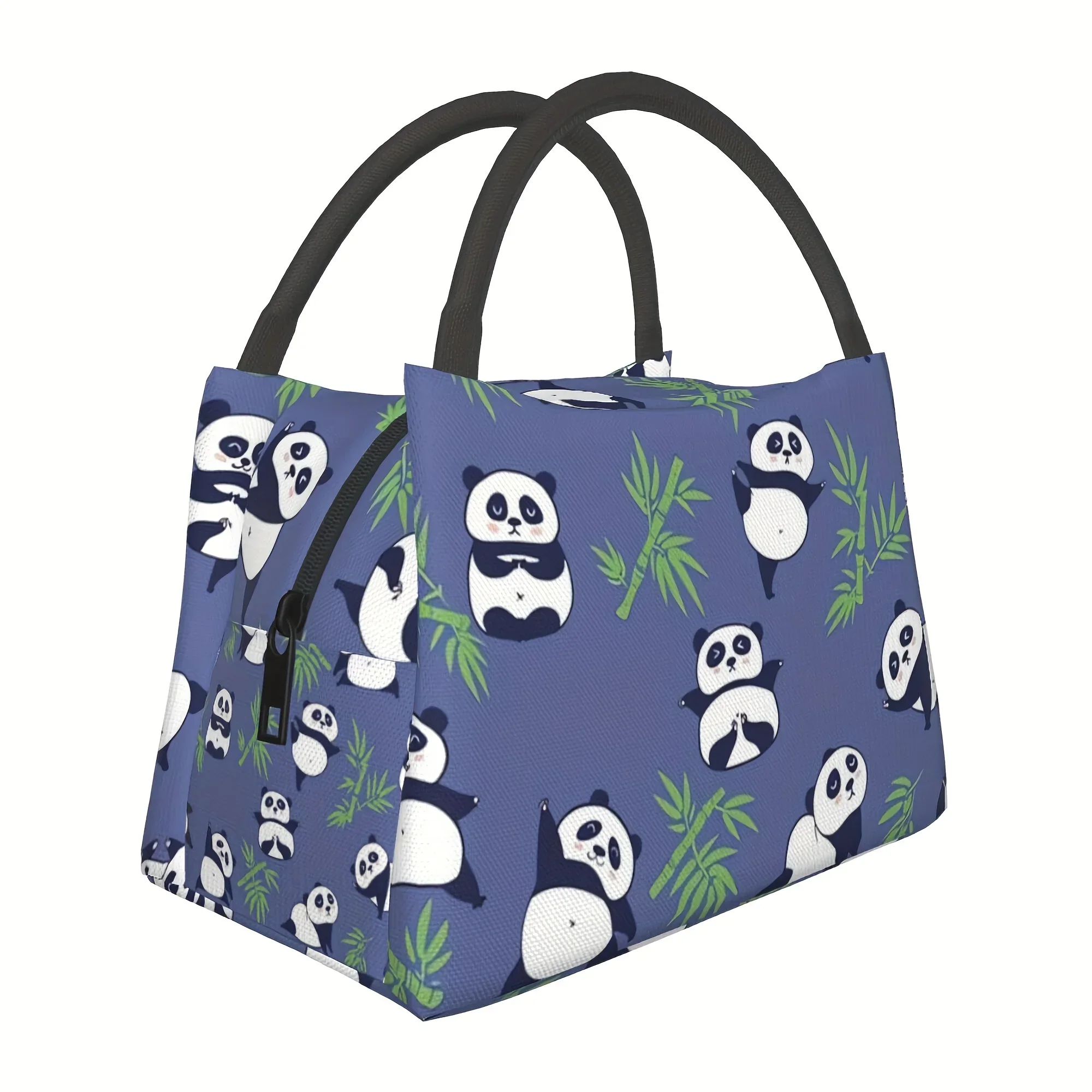 Cute Panda Bamboo Print Lunch Bag Blue Base Cartoon Panda Pattern Insulated Tote Reusable Cooler Bag for Kids Panda Lovers